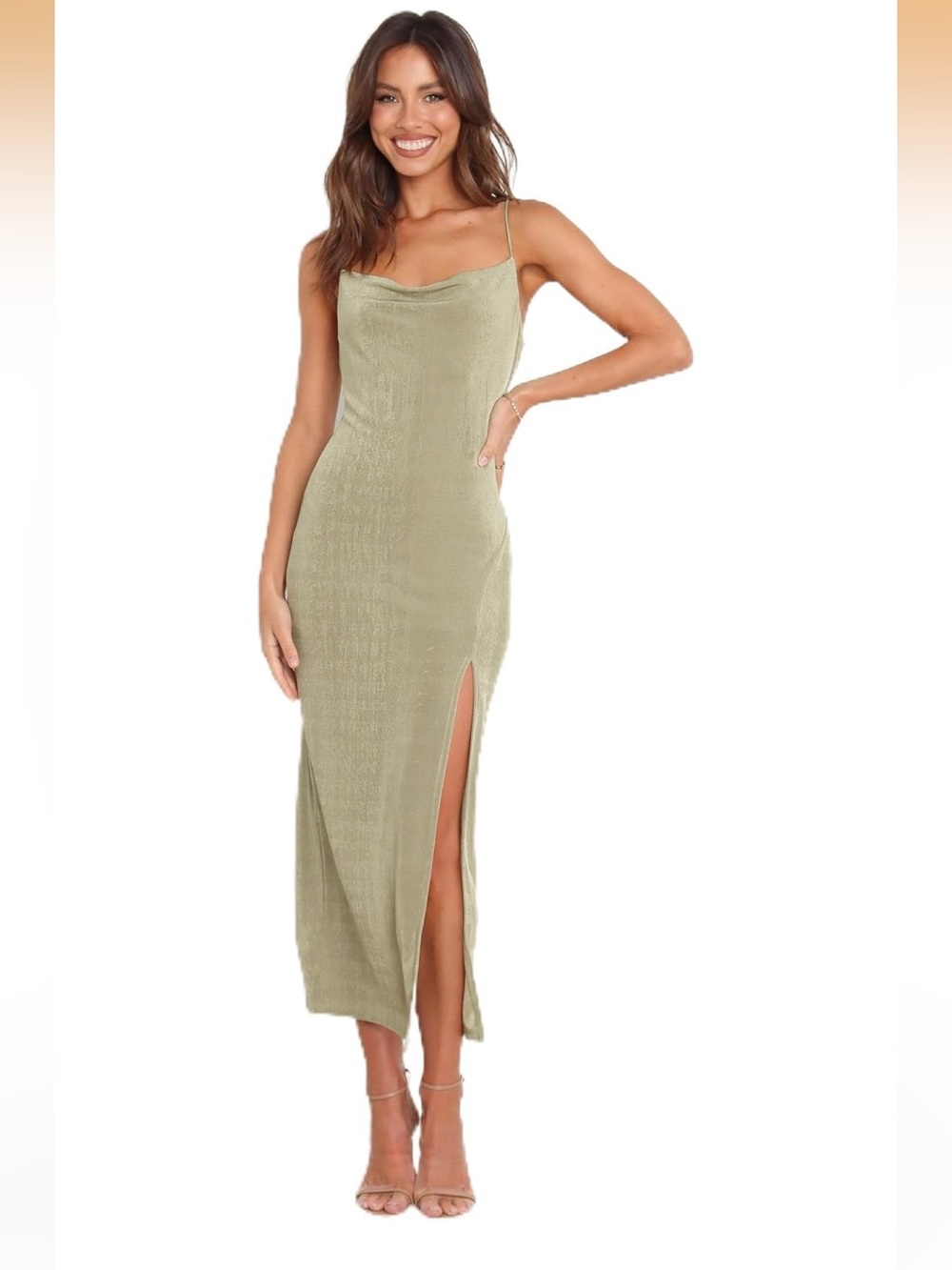 Petal & Pup Diana Dress - Olive Satin Cowl Slip Maxi Dress with Side Slit